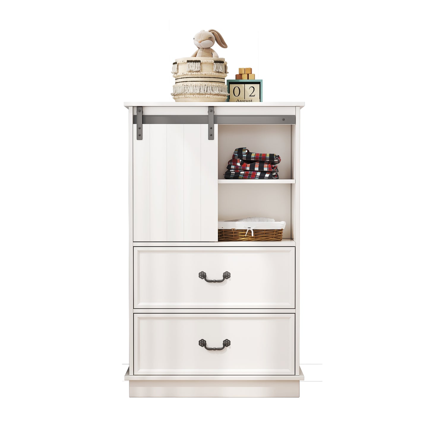 51'' Farmhouse Drawer Chest with Sliding Door, Multi-Storage Drawer Dresser with 5 Drawers and Storage Shelf, Tall Chest of Drawers with Adjustable Shelves for Bedroom, Living room