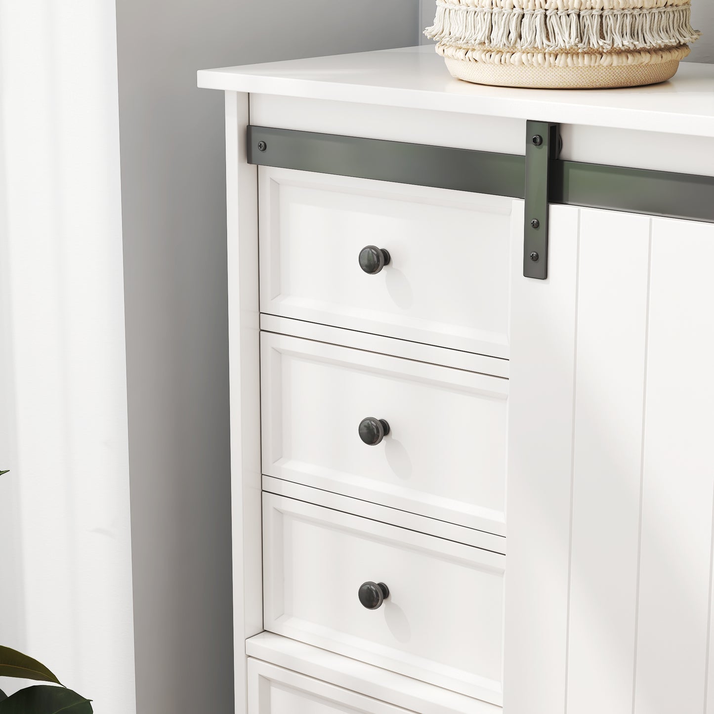 51'' Farmhouse Drawer Chest with Sliding Door, Multi-Storage Drawer Dresser with 5 Drawers and Storage Shelf, Tall Chest of Drawers with Adjustable Shelves for Bedroom, Living room