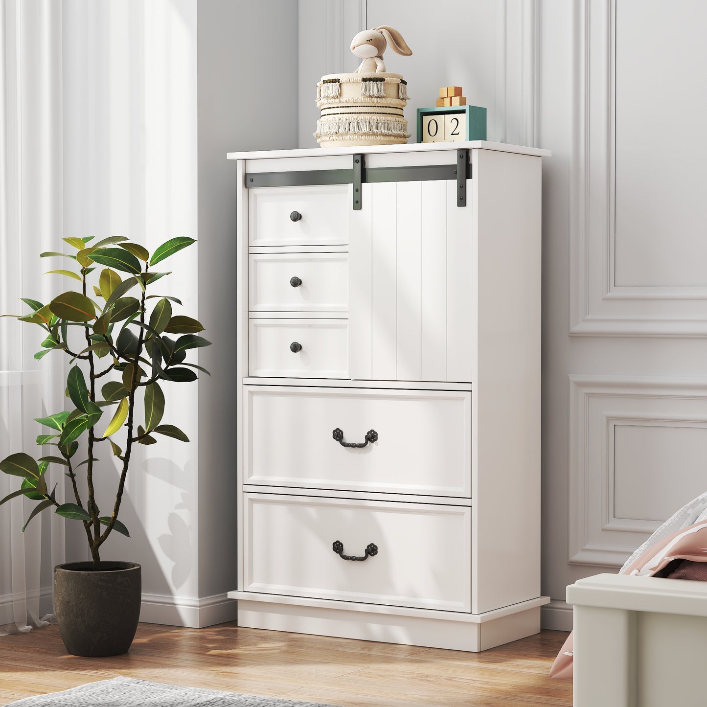 51'' Farmhouse Drawer Chest with Sliding Door, Multi-Storage Drawer Dresser with 5 Drawers and Storage Shelf, Tall Chest of Drawers with Adjustable Shelves for Bedroom, Living room