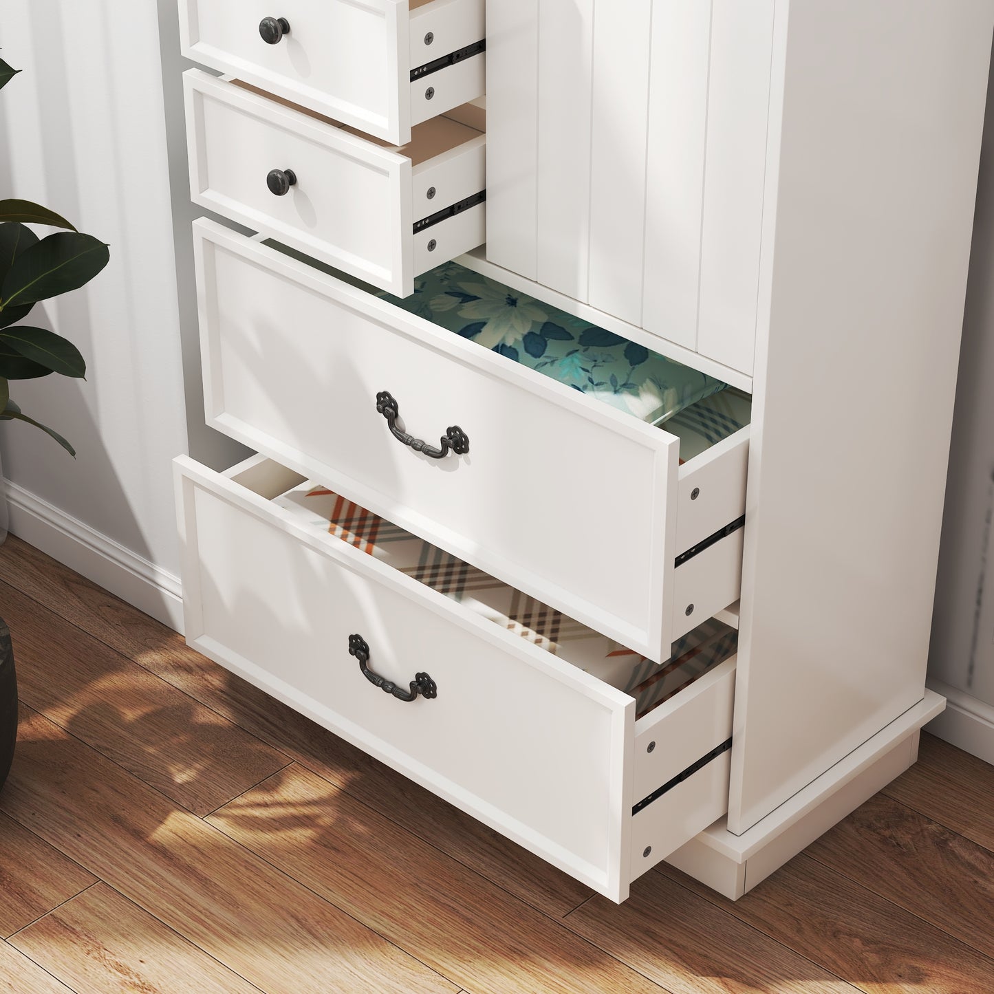 51'' Farmhouse Drawer Chest with Sliding Door, Multi-Storage Drawer Dresser with 5 Drawers and Storage Shelf, Tall Chest of Drawers with Adjustable Shelves for Bedroom, Living room