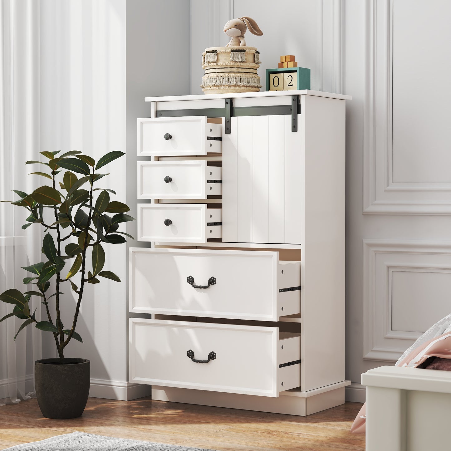 51'' Farmhouse Drawer Chest with Sliding Door, Multi-Storage Drawer Dresser with 5 Drawers and Storage Shelf, Tall Chest of Drawers with Adjustable Shelves for Bedroom, Living room