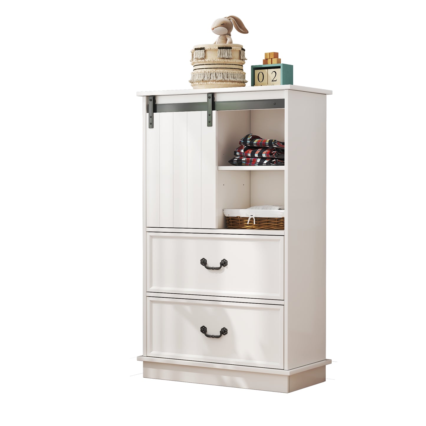 51'' Farmhouse Drawer Chest with Sliding Door, Multi-Storage Drawer Dresser with 5 Drawers and Storage Shelf, Tall Chest of Drawers with Adjustable Shelves for Bedroom, Living room